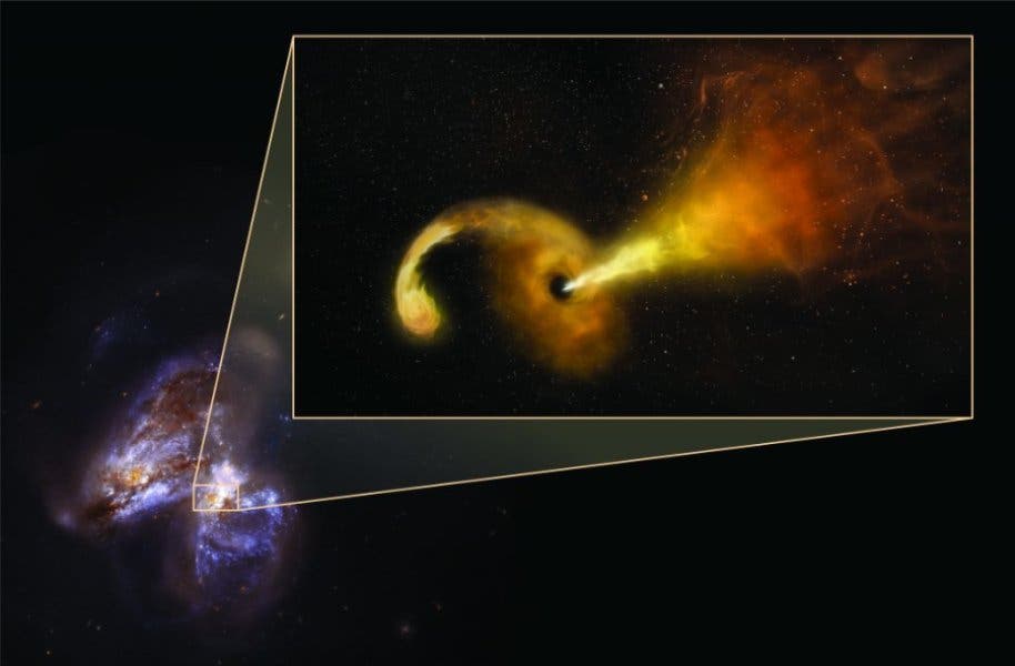 Artist impression of Tidal Disruption Event (TDE) in Arp 299. Background image is a Hubble Space Telescope image of Arp 299, a pair of colliding galaxies. Credit: Sophia Dagnello, NRAO/AUI/NSF; NASA, STScI.