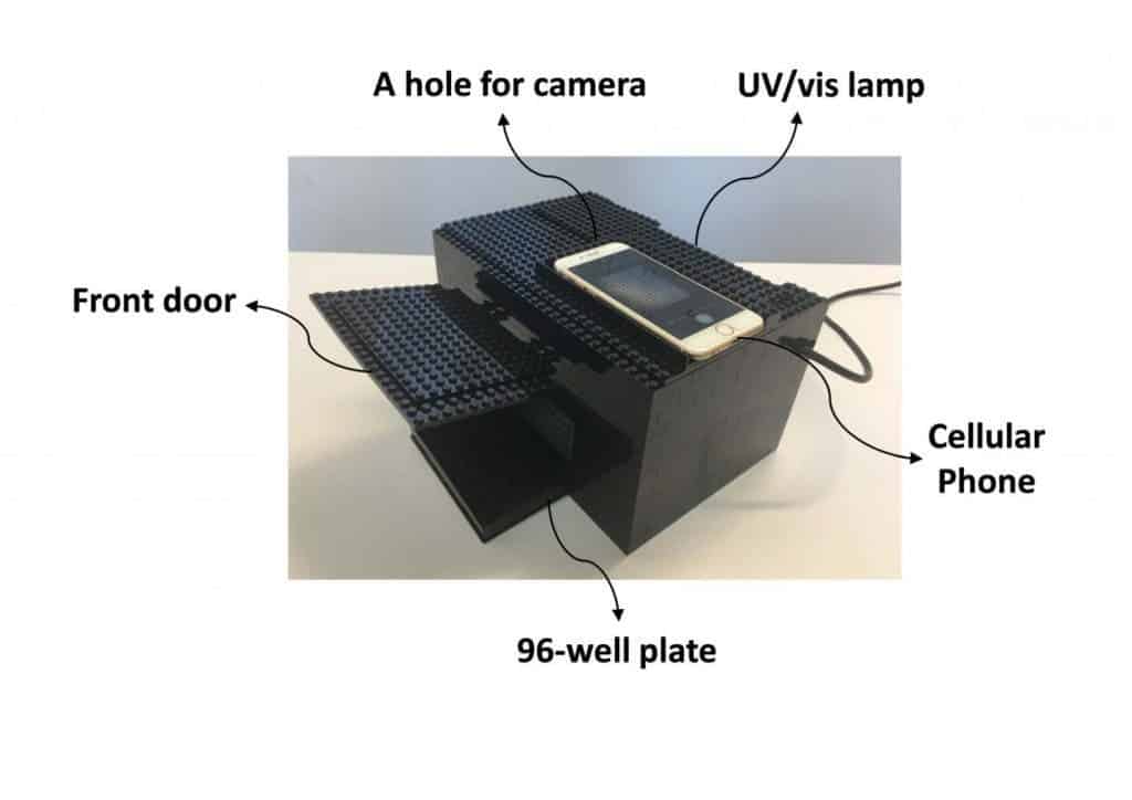 Scientists designed a nerve agent detector using LEGO bricks and a smartphone. Credit: American Chemical Society.