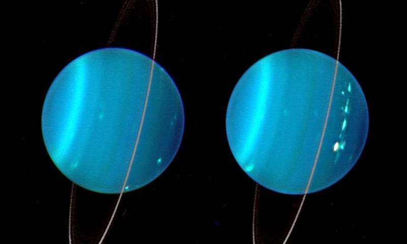 2004 infrared composite image of the two hemispheres of Uranus obtained with Keck Telescope adaptive optics. The planet is tilted at almost a 90 degree angle with respect to the other planets in the solar syste. Credit: Lawrence Sromovsky, University of Wisconsin-Madison/W.W. Keck Observatory. 