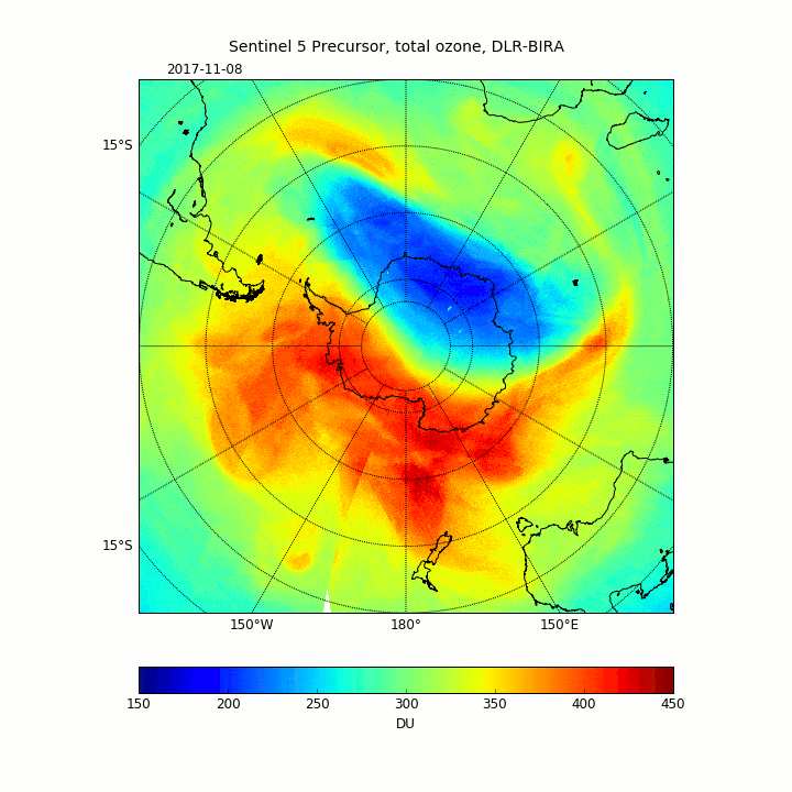 The first ozone retrievals of Copernicus Sentinel-5P show the closing of the ozone hole over the South Pole during November 2017. Credit: ESA.