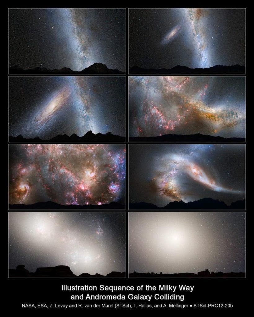 A series of stills showing the Milky Way-Andromeda merger, and how the sky will appear different from Earth as it happens. Credit: NASA; Z. LEVAY AND R. VAN DER MAREL, STSCI; T. HALLAS; AND A. MELLINGER.