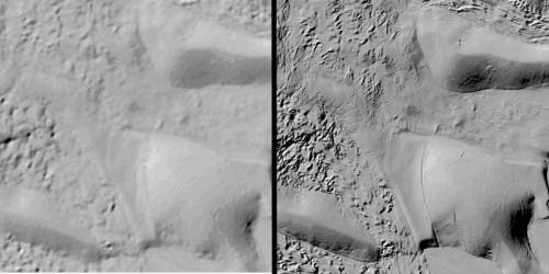 The same region seen with prior available surface imaging (left) and REMA (right). 