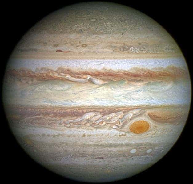 Jupiter and its shrunken Great Red Spot. Credit: Wikimedia Commons.