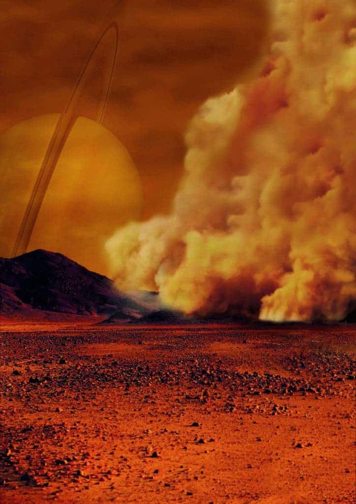 Artist impression of a dust storm on Titan. Credit: IPGP/Labex UnivEarthS/University Paris Diderot – C. Epitalon & S. Rodriguez.