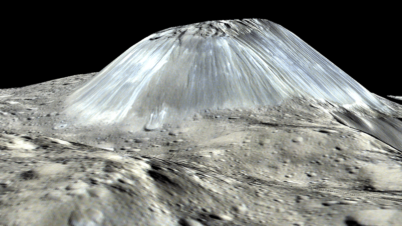 A simulated perspective of Ahuna Mons. Credit: NASA/JPL-CALTECH/UCLA/MPS/DLR/IDA/PSI