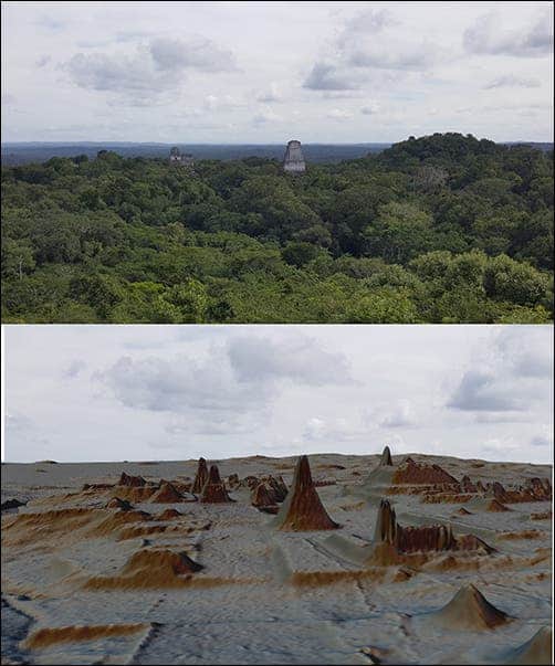 Top: Tikal seen above the trees. Bottom: same view, this time stripped of vegetation by LiDAR. Credit: Luke Auld-Thomas and Marcello A. Canuto/PACUNAM.