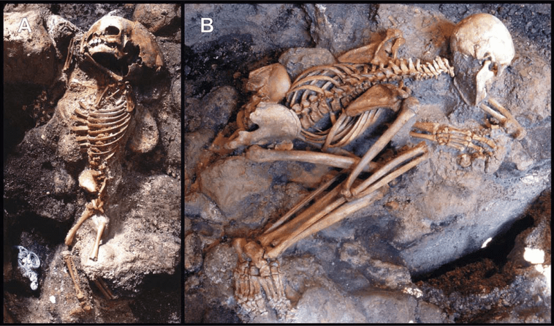 The skeletons of a child (left) and adult male (right) from Herculaneum, whose frozen postures suggest they died instantly. Credit: PLOS One.