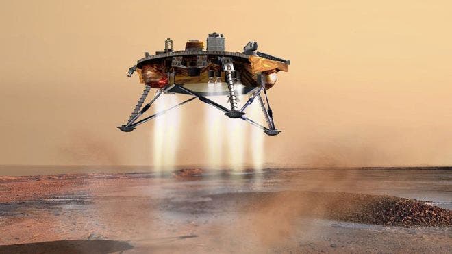 Artist impresion of the InSight probe gently touching down on Mars with its descent engines fired on. Credit: NASA.