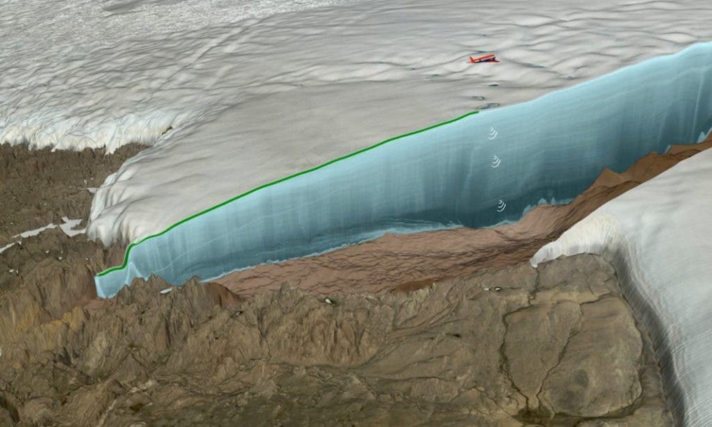 Illustration of newly discovered immense crater in Greenland. Credit: Nasa/Cryospheric Sciences Lab/Natural History Museum of Denmark.
