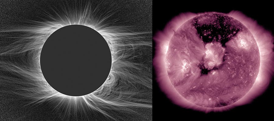 Two views of the Sun's corona: during an eclipse (top) and in ultraviolet light (bottom). Credit: NCAR's High Altitude Observatory and NASA SDO.