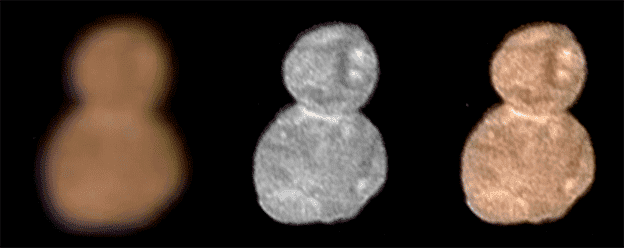 The leftmost image shows Ulma Thule's true color as seen by one of New Horizon's instruments. The righthand image is a combination of the color and black&white (center) observations. Credit: NASA/JHU-APL/SWRI.