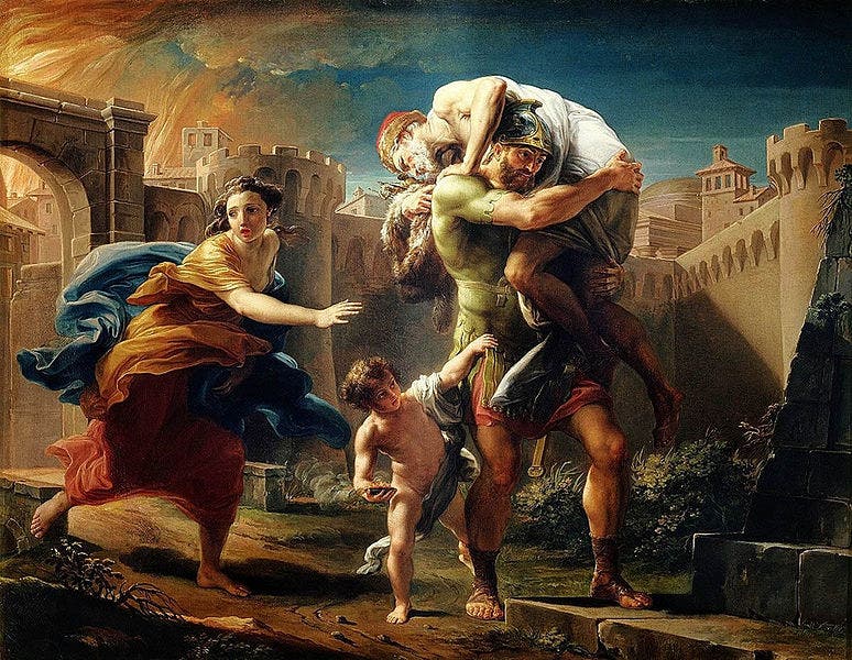 Aeneas fleeing Troy.