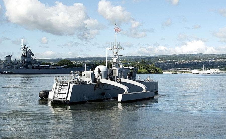 The Medium Displacement Unmanned Surface Vehicle prototype Sea Hunter arrives at Joint Base Pearl Harbor-Hickam, Hawaii, Oct. 31, 2018. Credit: U.S. NAVY.