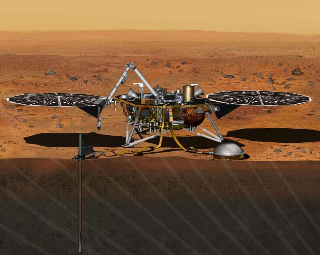 Illustration of InSight probe with its two main instruments deployed, a heat probe (left) and seismometer (bell-shaped, right). Credit: NASA.