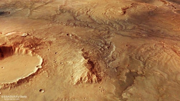 Perspective view of ancient river valley network on Mars. Credit: ESA.