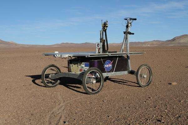 A rover mission drilled 80 cm below the surface of the Atacama desert and found unusual organisms. Credit: NASA. 