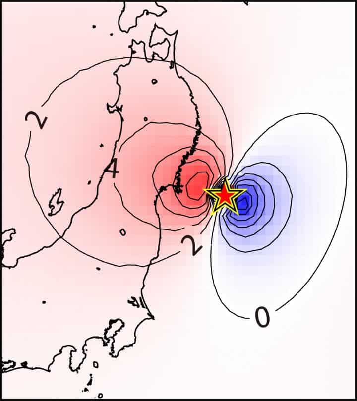 Contour maps depict changes in gravity gradient immediately before the earthquake hits. Credit: Kimura Masaya.