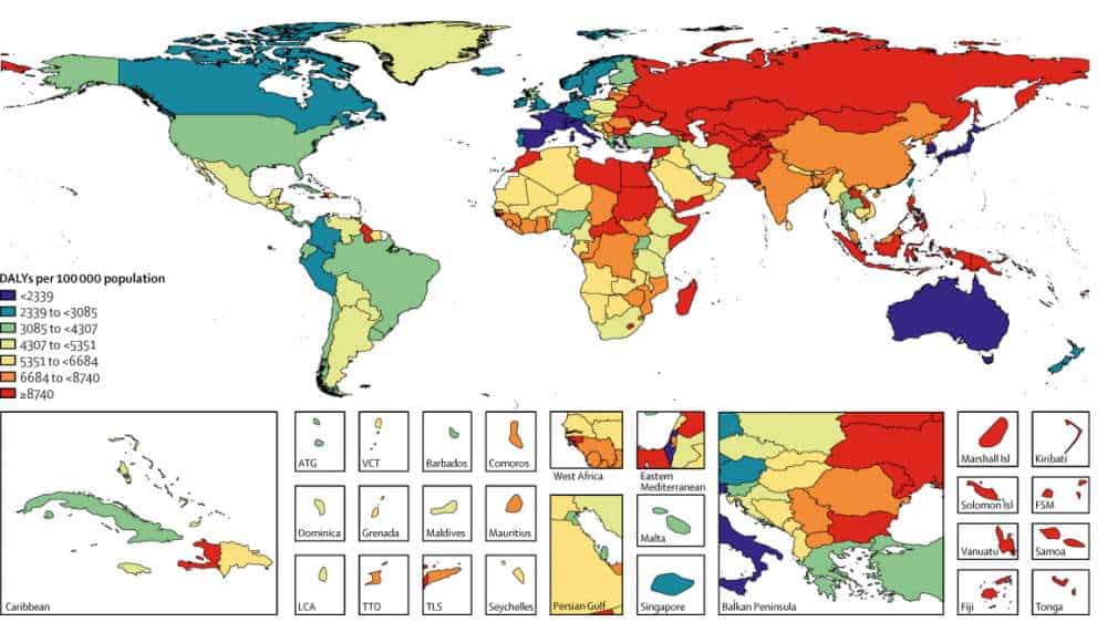 The mortality rate per 100,000 people attributable to diet in 2017. Credit: The Lancet.