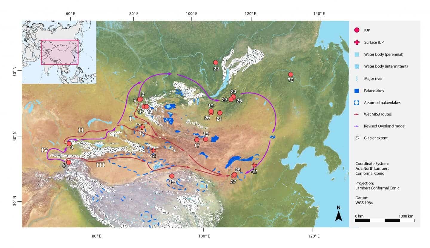 The three routes from the "wet" simulations and the single route from the "dry" simulation are presented together in conjunction with palaeoclimatic extents (glaciers and palaeolakes). Credit: Nils Vanwezer and Hans Sell.