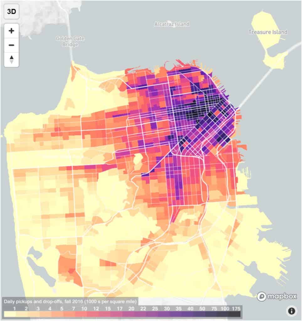 Daily TNC pickups and drop-offs for an average Wednesday in fall 2016 ( Darker colors represent a higher density of TNC activity). Credit: Science Advances.