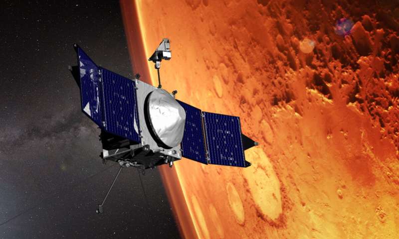 This illustration shows the MAVEN spacecraft and the limb of Mars. Credit: NASA's Goddard Space Flight Center.