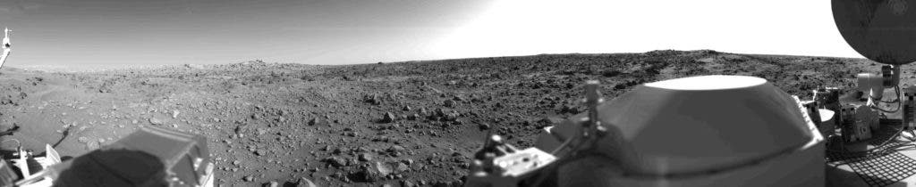 Shortly after landing on Mars, on July 20, 1976, the Viking 1 Lander returned the first panoramic view of the Martian surface. Credit: NASA JPL.