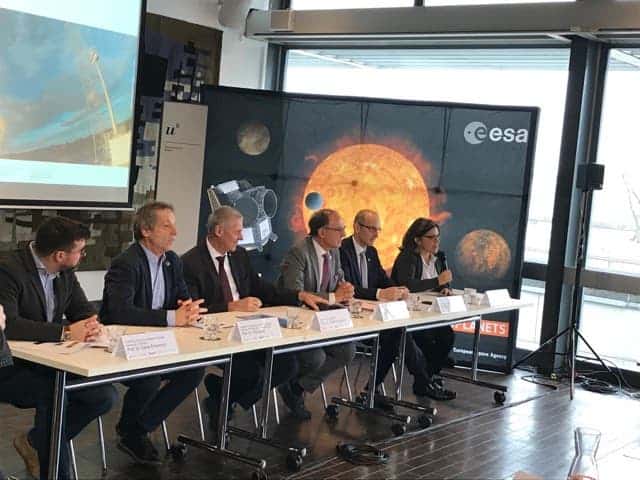 From Left to Right: David Ehrenreich, Willy Benz, Christian Leumann, Renato Krpoun and Kate Issak discuss the CHEOPS mission at the University of Bern (Robert Lea)