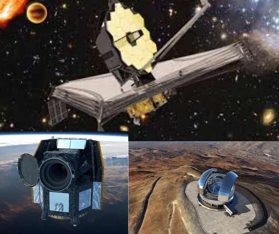 The next generation of telescopes will probe exoplanets more thoroughly than ever before. Clockwise from top: The James Webb Telescope (ESA), The Extremely Large Telescope (ESO) and the CHEOPS telescope (ESA)