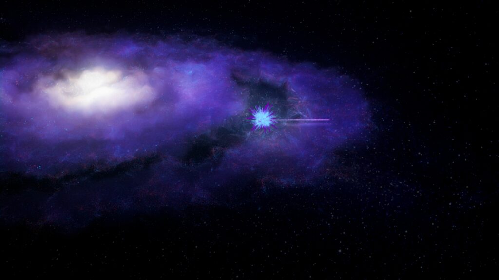 The FRB leaves its host galaxy as a bright burst of radio waves. (ICRAR)