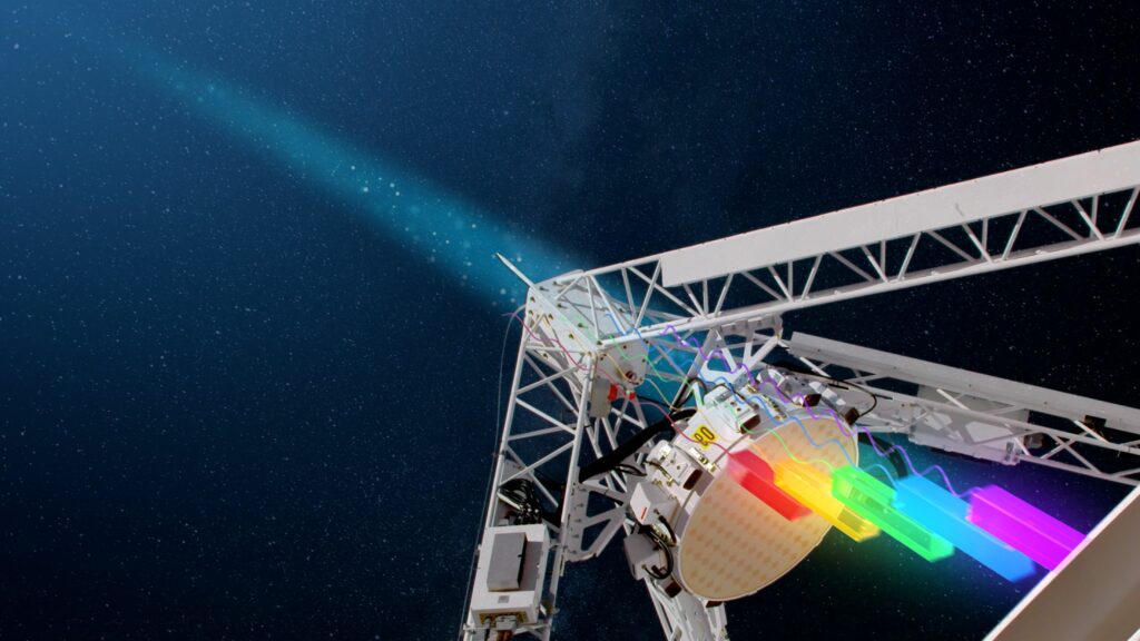 CSIRO’s ASKAP
measures the delay between the wavelengths of the FRB, allowing
astronomers to calculate the density of the missing matter (Credit: ICRAR and CSIRO/Alex Cherney)