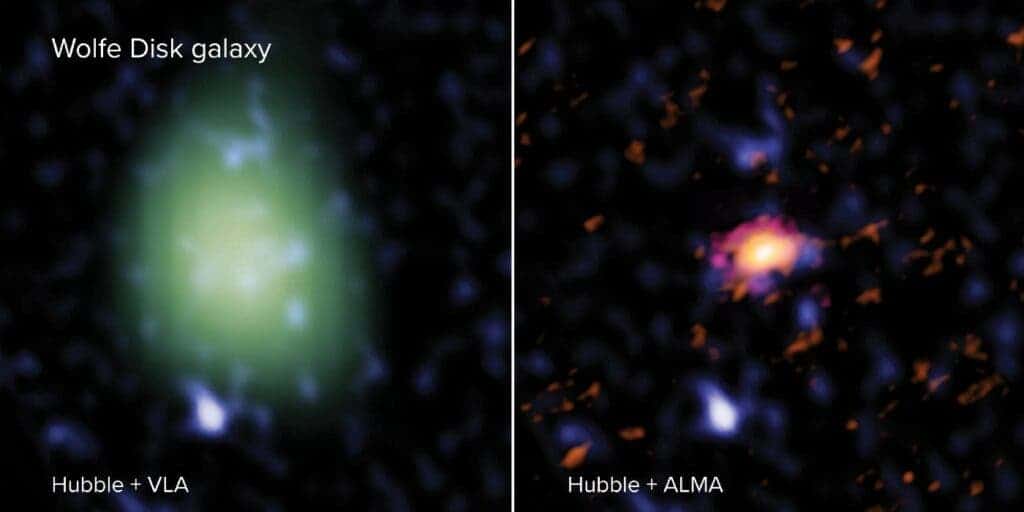 The Wolfe Disk as seen with ALMA (right — in red), VLA (left — in green) and the Hubble Space Telescope (both images — blue). In radio light, ALMA looked at the galaxy’s movements and mass of atomic gas and dust and the VLA measured the amount of molecular mass. In UV-light, Hubble observed massive stars. The VLA image is made in a lower spatial resolution than the ALMA image and therefore looks larger and more pixelated. (ALMA (ESO/NAOJ/NRAO), M. Neeleman; NRAO/AUI/NSF, S. Dagnello; NASA/ESA Hubble)