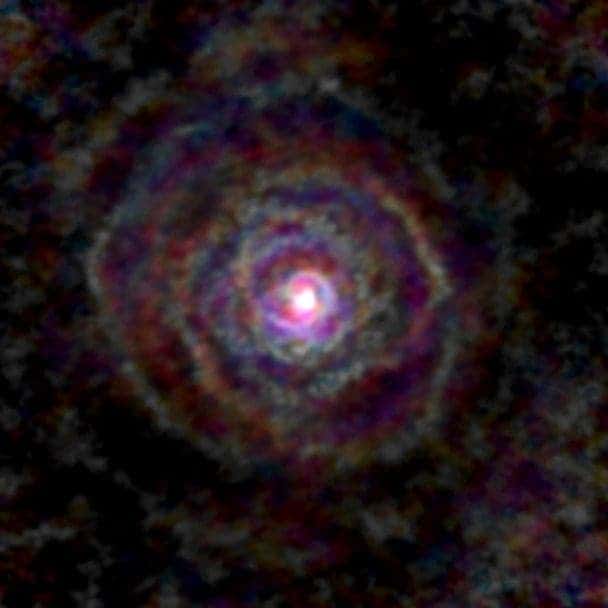 Gallery of stellar winds around cool ageing stars, showing a variety of morphologies, including disks, cones, and spirals. The blue colour represents material that is coming towards you, red is material that is moving away from you. (L. Decin, ESO/ALMA)