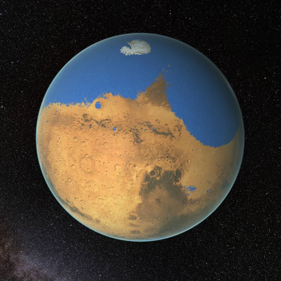 NASA scientists have determined that a primitive ocean on Mars held more water than Earth's Arctic Ocean and that the Red Planet has lost 87 percent of that water to space. Credits: NASA/GSFC