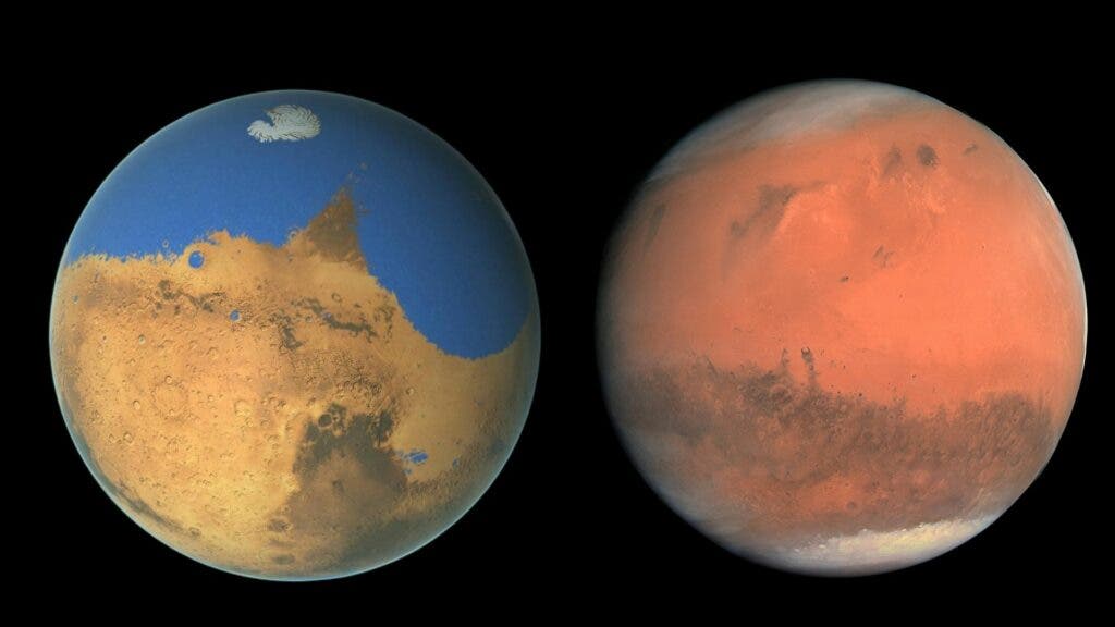 Mars then and Now. The Red Planet has been stripped of water for billions of years, but the main mechanism of water loss is different now than it was a billion years ago (NASA)