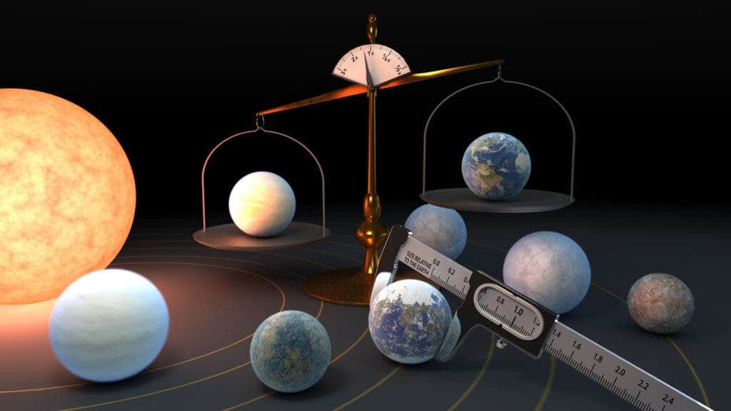 An artist’s view of the TRAPPIST-1 system. The TRAPPIST-1 star is home to the largest batch of roughly Earth-size planets ever found outside our solar system. An international study involving researchers from the Universities of Bern, Geneva and Zurich now shows that the exoplanets have remarkably similar densities, which provides clues about their composition (NASA/JPL-Caltech)