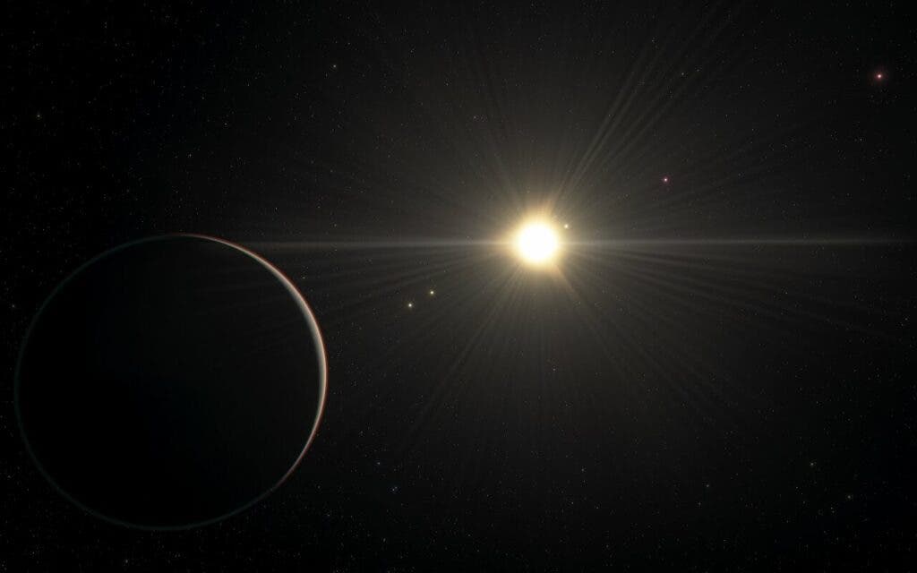This artist’s impression shows the view from the planet in the TOI-178 system found orbiting furthest from the star. New research by Adrien Leleu and his colleagues with several telescopes, including ESO’s Very Large Telescope, has revealed that the system boasts six exoplanets and that all but the one closest to the star are locked in a rare rhythm as they move in their orbits. But while the orbital motion in this system is in harmony, the physical properties of the planets are more disorderly, with significant variations in density from planet to planet. This contrast challenges astronomers’ understanding of how planets form and evolve. This artist’s impression is based on the known physical parameters for the planets and the star seen, and uses a vast database of objects in the Universe. (ESO/L. Calçada/spaceengine.org)