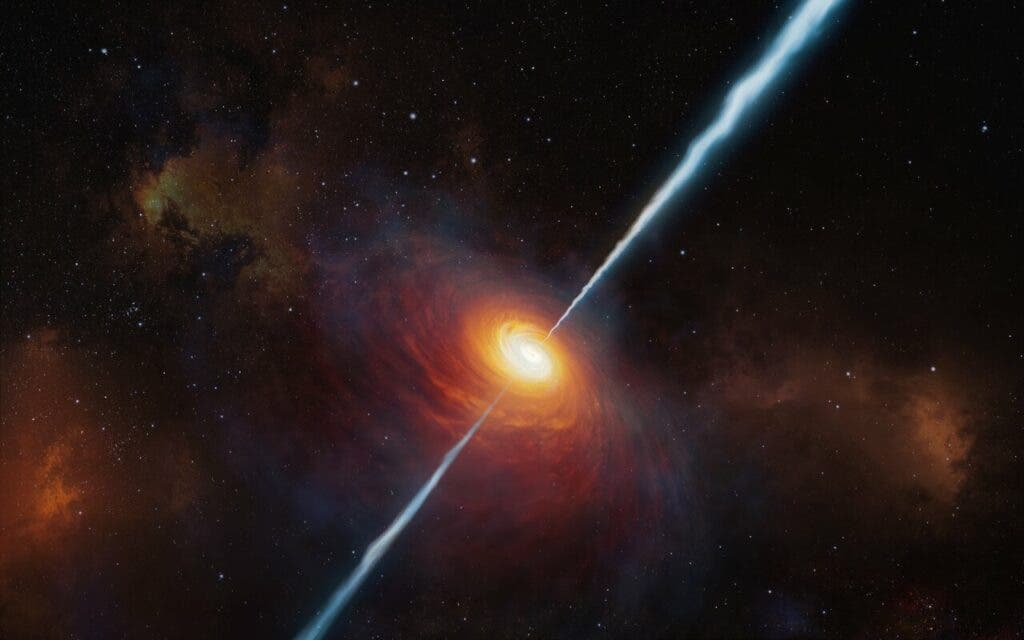This artist’s impression shows how the distant quasar P172+18 and its radio jets may have looked. To date (early 2021), this is the most distant quasar with radio jets ever found and it was studied with the help of ESO’s Very Large Telescope. It is so distant that light from it has travelled for about 13 billion years to reach us: we see it as it was when the Universe was only about 780 million years old. (ESO)