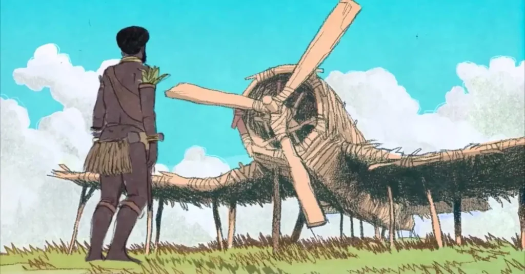 Illustration of indigenous native studying a cargo cult airplane made of straw.