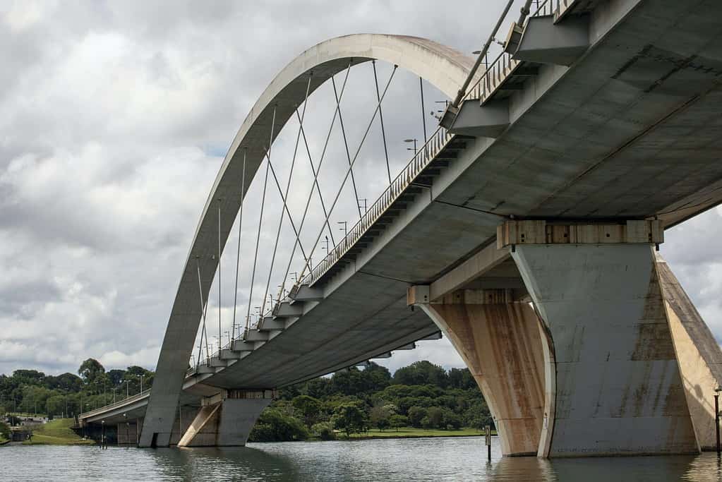 A bridge over a large body of water