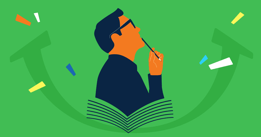 Illustration of man with glasses pondering adult learning
