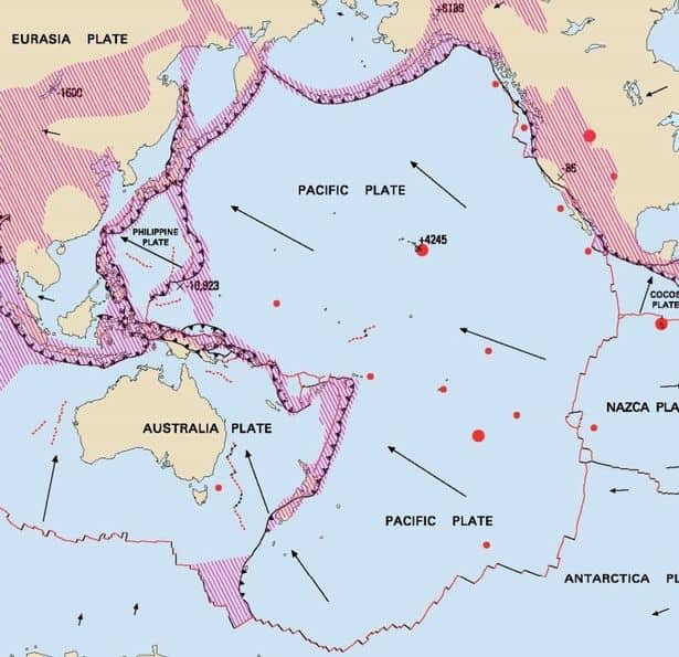 Map of tectonic plates around Ring of Fire.