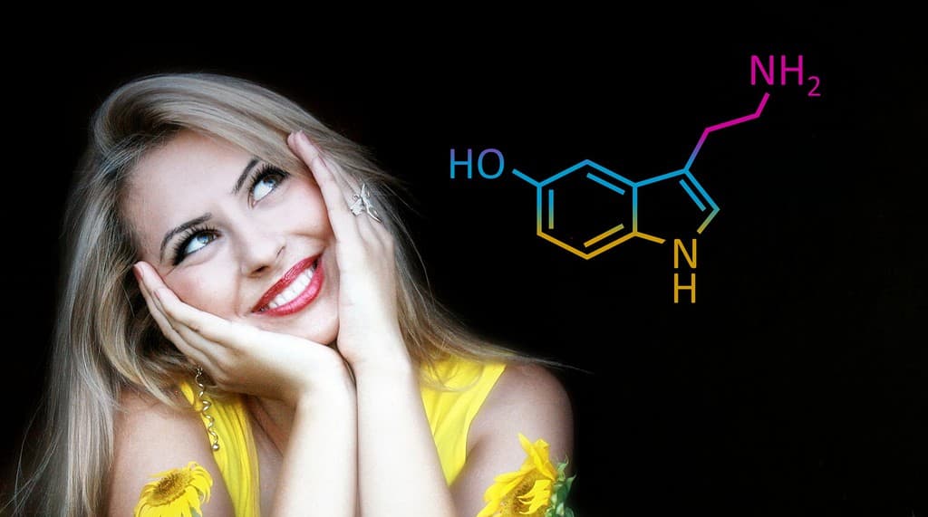 Photo of happy woman next to chemical formula of serotonin.
