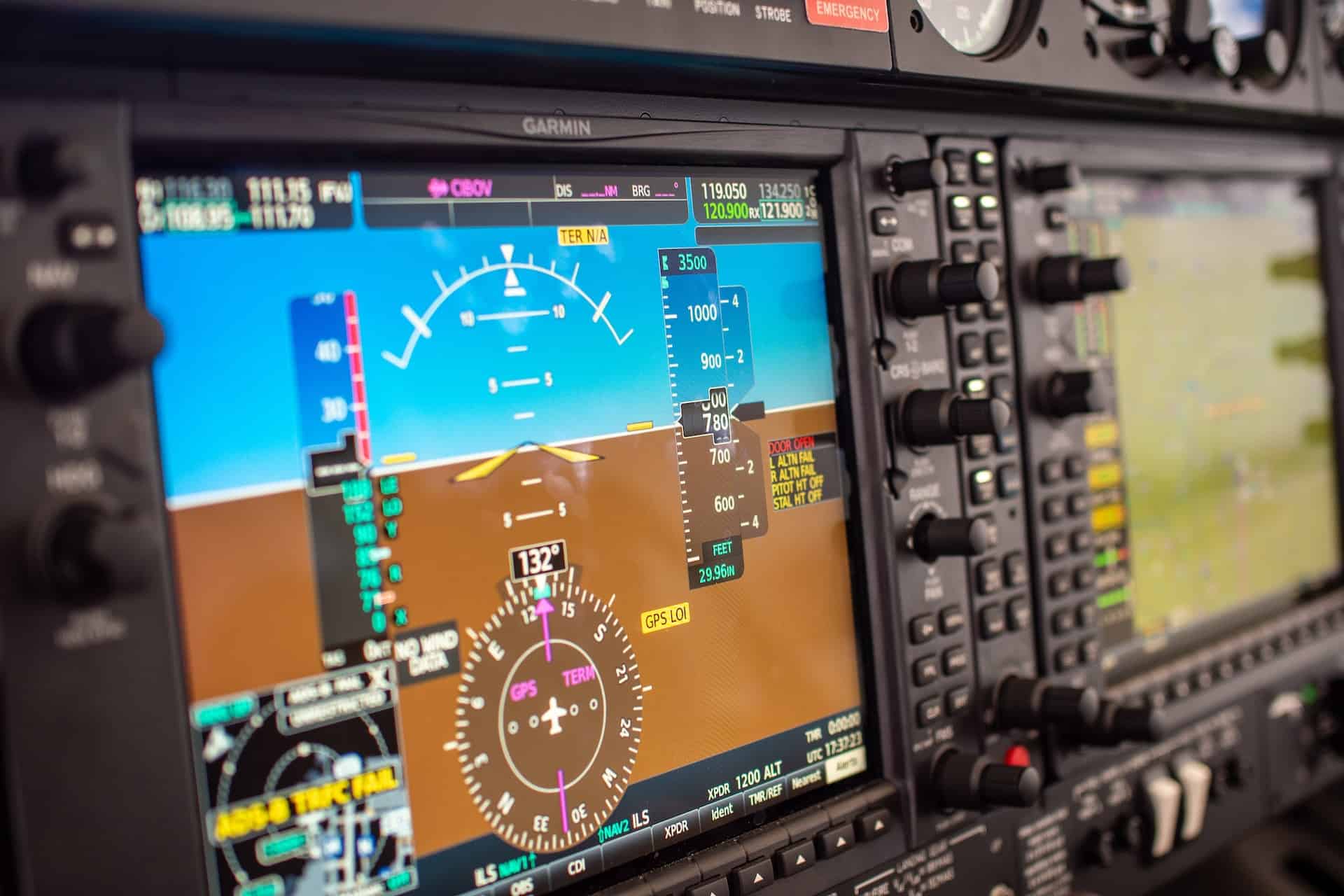 Readings on the display monitor in the cockpit of an aircraft.