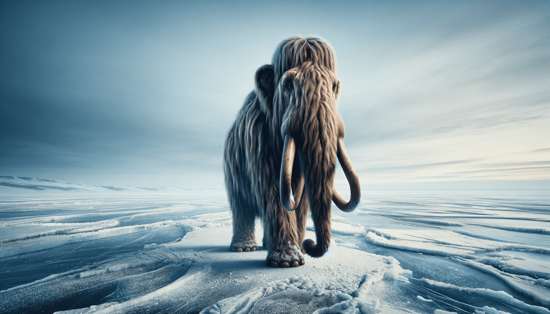 AI image of Elma the mammoth walking across a frozen plain.