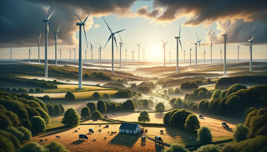 wind turbines in open landscape AI