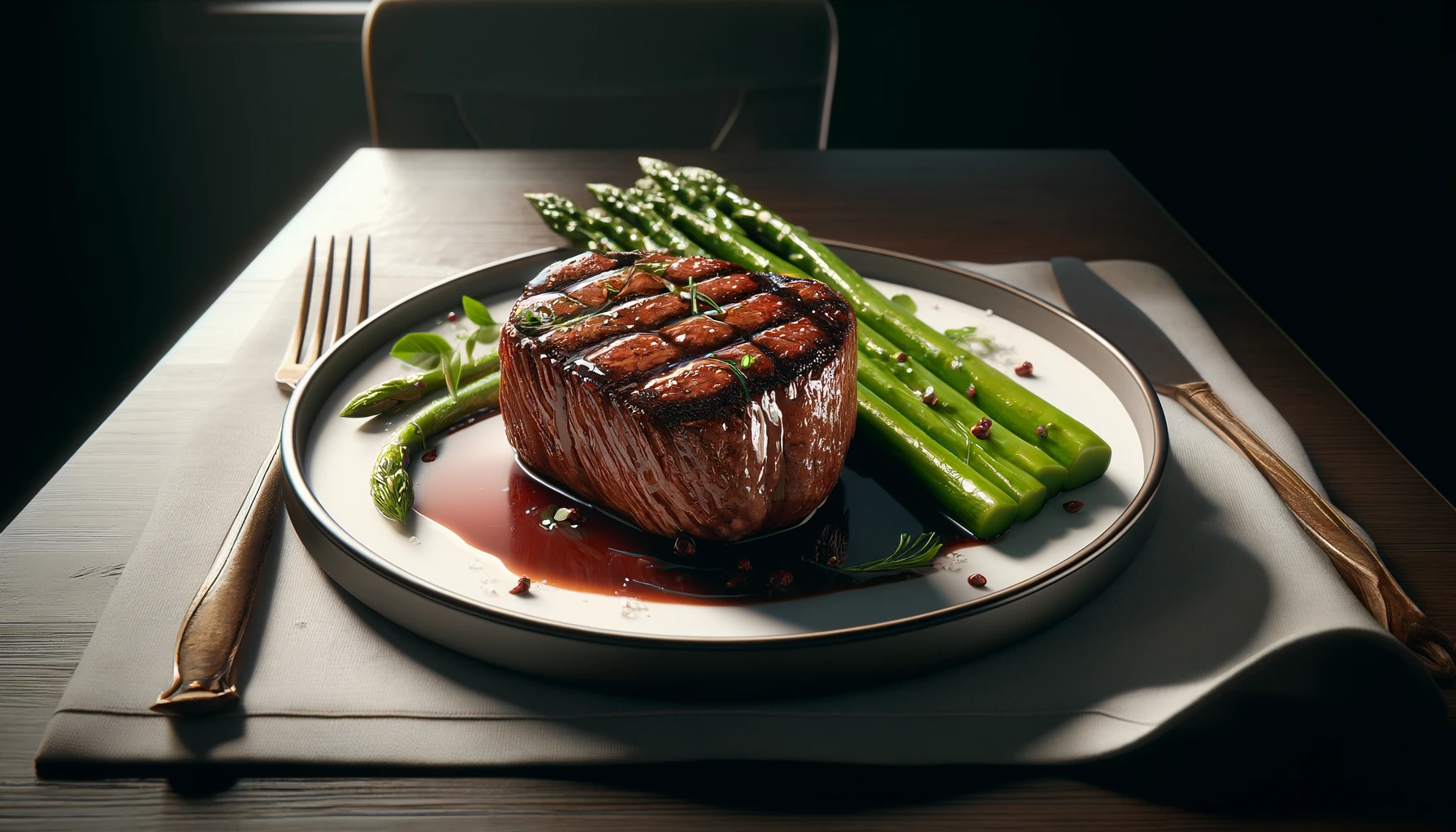 векторное искусство, показывающее кусок мяса и спаржи на тарелке