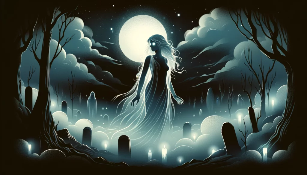 a ghostly silhouette on a vector drawn background